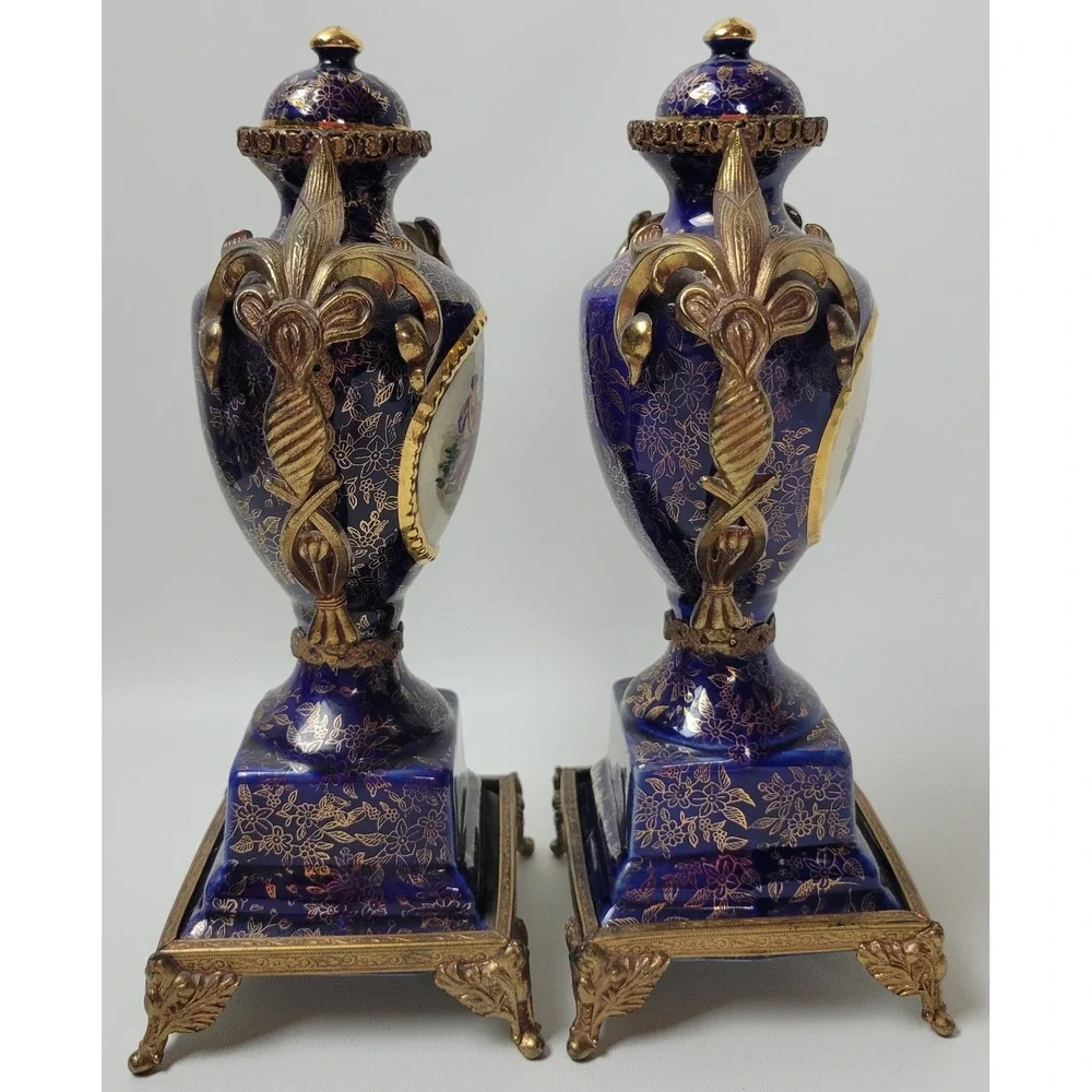 Empire Porcelain Cobalt Gold Gilded Urn Centerpiece 3pc Garniture Set England